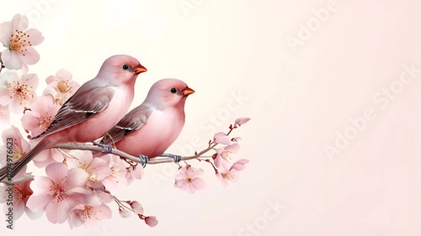Fototapeta Two pink birds sitting on a cherry blossom branch with soft background
