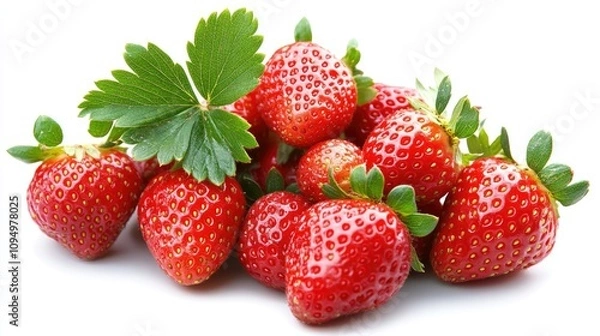 Fototapeta Fresh and Juicy Strawberries Piled Together with Green Leaves on a Bright White Background Perfect for Healthy Eating, Desserts, and Summer Recipes