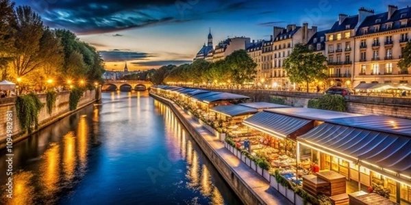 Obraz Enchanting Night Photography of Bouquinists Along the Seine River in Paris, Capturing the Magic of Literary Stalls Illuminated by Warm Lights Under a Starry Sky