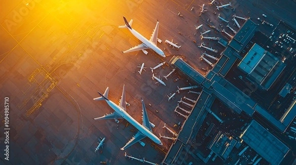 Fototapeta Aerial view of a contemporary international airport with multiple parked passenger and cargo planes on the tarmac and extensive runway systems visible  The airport terminal buildings control tower