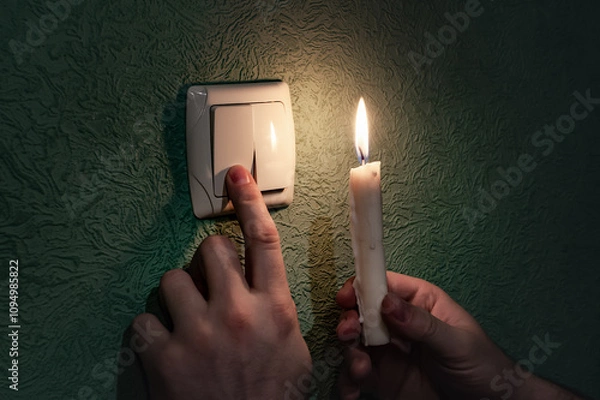 Fototapeta Holding burning candle in a dark room near a light switch, blackout. Power outage, energy crisis. Problems with power supply. Ukraine without power
