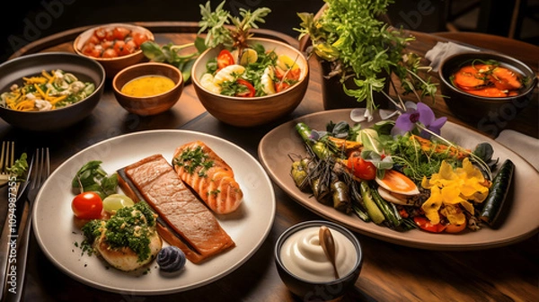Fototapeta Western food, grilled salmon steak, tomato soup and delicious fresh vegetables, prepared with fresh ingredients, ready to serve on the dining table.