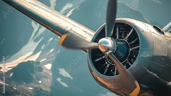 Fototapeta Close up of a propeller plane executing a precise knife edge flight maneuver against a dramatic mountain landscape backdrop showcasing the aircraft s power agility