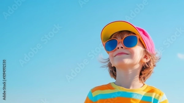 Obraz Joyful child wearing colorful sunglasses and a colorful hat under a clear blue sky during a sunny day