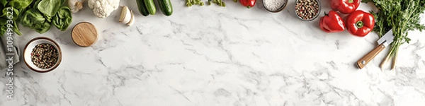 Fototapeta Vegetables on a clean kitchen marble counter top horizontal web header with copy space for text top down view of red and green vegetables banner