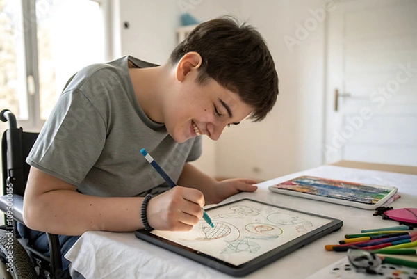 Fototapeta A teen with cerebral palsy sketching abstract shapes using an adaptive drawing device. Crated With Generative AI