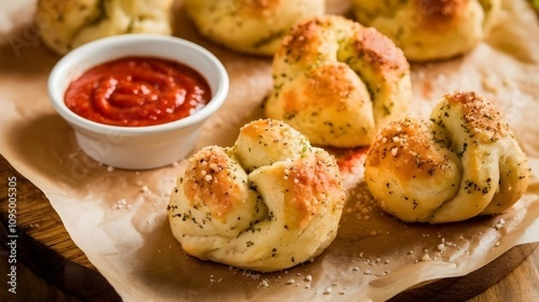 Fototapeta Warm garlic knots brushed with butter and sprinkled with parmesan cheese, served on parchment paper with marinara sauce