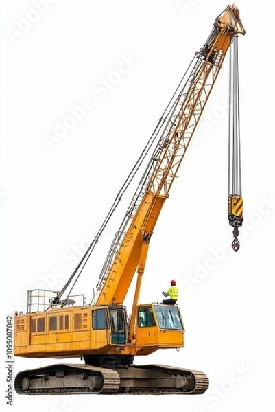 Fototapeta Large yellow crane, operator, lifting hook.