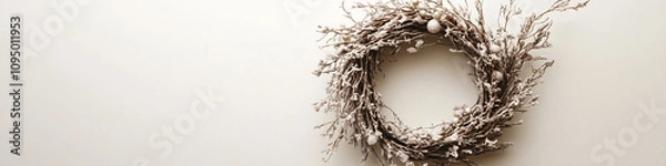 Fototapeta Rustic Christmas wreath with fir branches and pine tree cones web header with copy space for text xmas banner