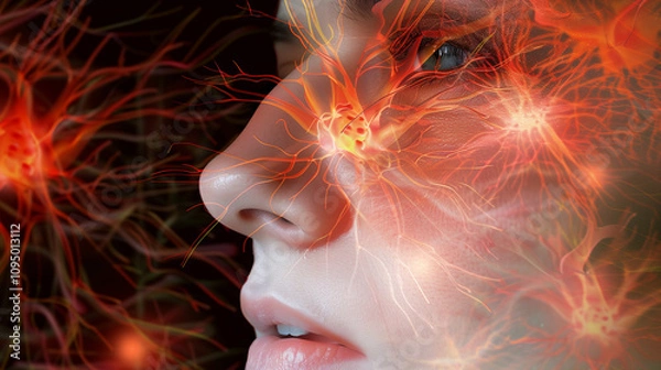 Fototapeta Close-up of patient's face expressing pain and discomfort, with visual representation of inflamed nerves on the skin highlighting symptoms of nerve disease.