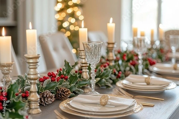Fototapeta Elegant Holiday Table Setting with Candles and Greenery