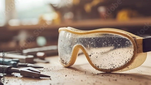 Fototapeta Close-Up of Safety Goggles on a Workbench Surrounded by Tools and Wood Shavings in a Carpentry Workshop Setting for DIY and Construction Projects