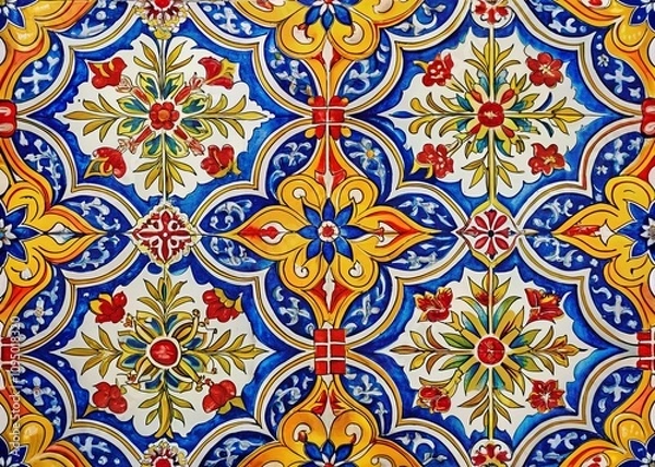 Fototapeta Intricate Traditional Spanish Tile Pattern with Vibrant Blue, Yellow, and Red Floral and Geometric Designs in Stunning Detail for a Captivating Visual Experience