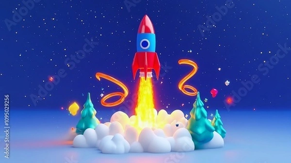 Fototapeta Rocket Launching Through Fire Rings in Night Sky 3D Render