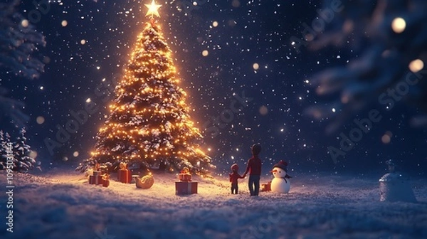 Fototapeta A Family Stands Before a Christmas Tree in the Snow