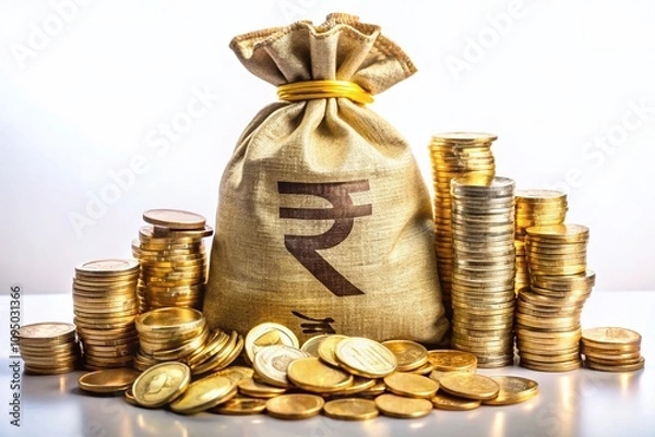 Obraz Macro Photography of Indian Rupee Symbol with Money Bag, Banknotes, and Gold Coins on a White Background for Financial and Investment Concepts