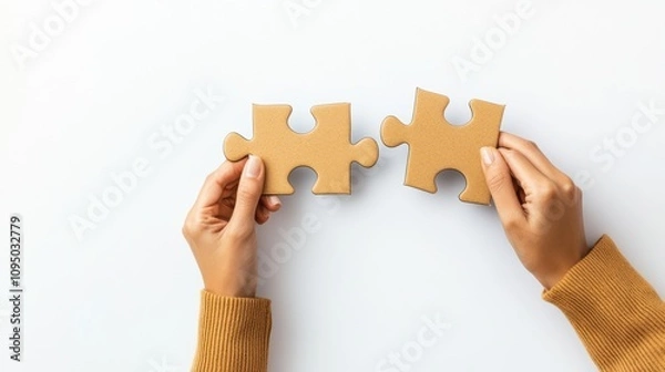 Fototapeta Two hands holding interlocking puzzle pieces on a white background.
