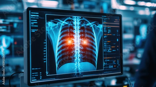 Fototapeta Artificial intelligence in medical detection. X ray image of human ribs with glowing indicators, showcasing advanced diagnostics technology in medical environment