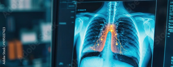 Fototapeta Artificial intelligence in medical detection. X ray image of human lungs highlighting respiratory pathways and structures. detailed view showcases intricate network of bronchi and blood vessels.