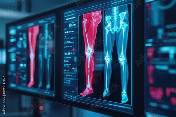 Fototapeta Artificial intelligence in medical detection. Advanced diagnostics lab displaying detailed leg fracture analysis on screens, showcasing high tech imaging technology and medical data visualization