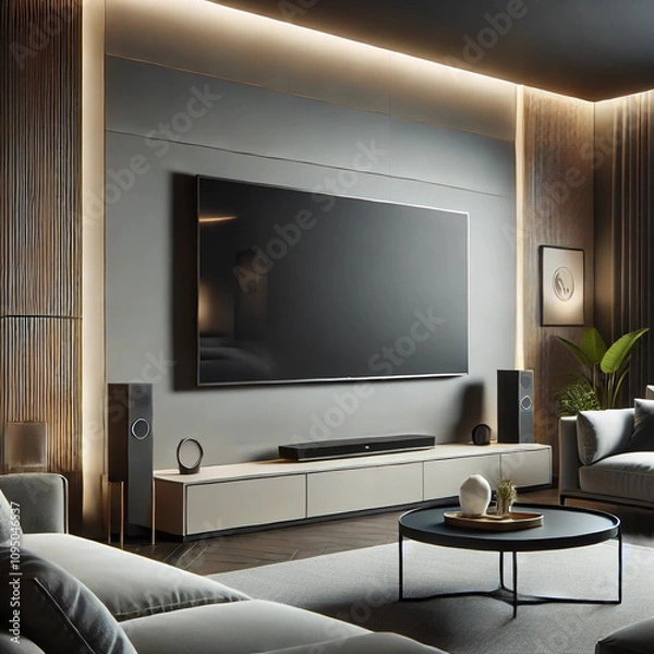 Obraz リビングに設置されているモダンでラグジュアリーな雰囲気の壁付き大画面テレビ