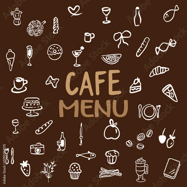 Fototapeta Hand-Drawn Food and Drink sketch line art set vector and illustration for decoration cafe menu.