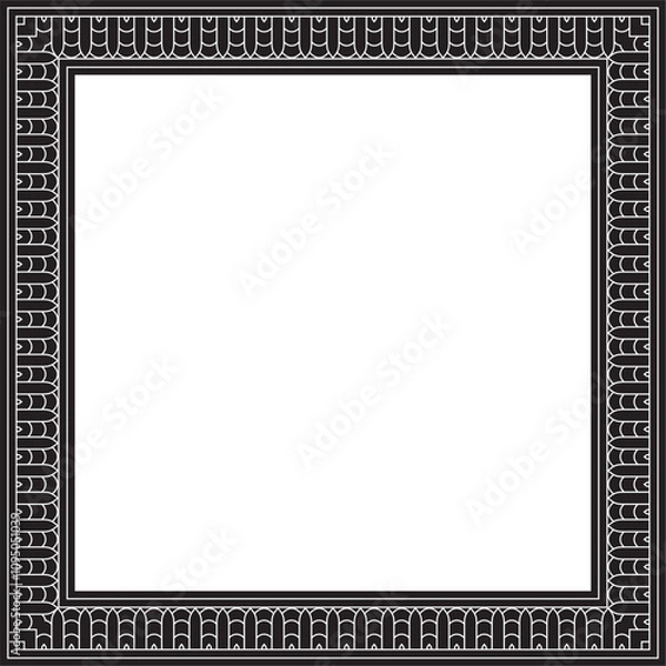 Fototapeta Vector black monochrome square Egyptian ornament. Rectangle, frame, ancient Egypt.Pattern of lotus flowers and sun. Template for stained glass
