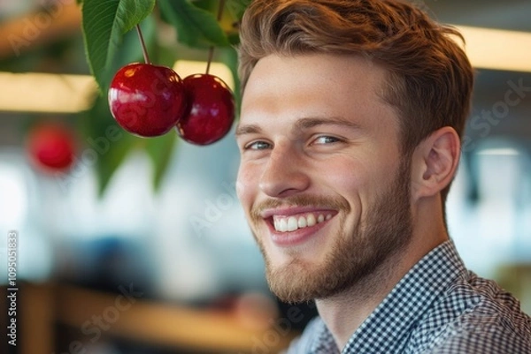Fototapeta A happy man with a cherry in his hand