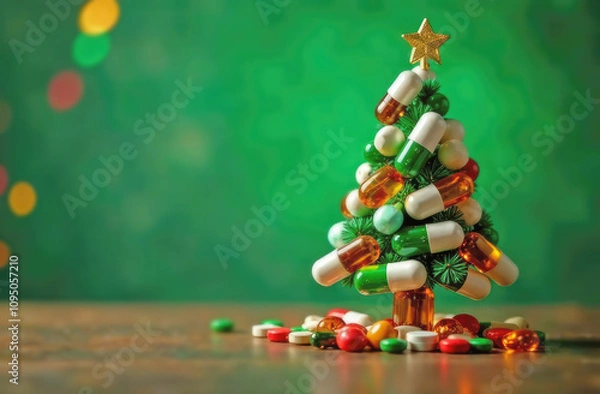Fototapeta Christmas tree created from medicine colorful pills set on wooden table on green background with color bokeh. Christmas greeting card. Copy space. 