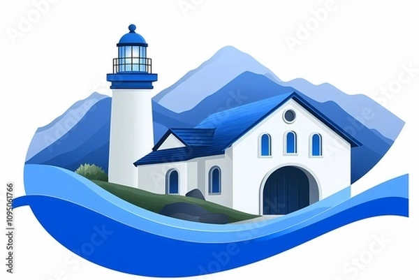 Obraz Guiding Light: Lighthouse Illustration with Blue Arch Line
