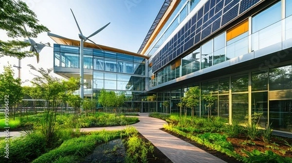 Fototapeta A modern urban building with solar-powered glass walls and wind turbines built into its structure. 