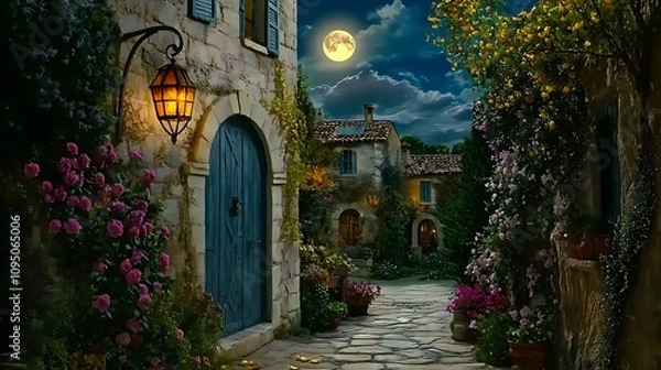 Obraz Moonlit Courtyard with Stone Buildings, Flowers, and a Lantern