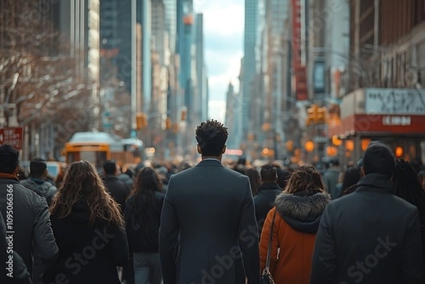 Fototapeta Dark-haired Man Commuting Busy Metropolitan Street Scene