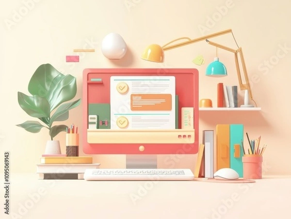 Fototapeta A colorful workspace featuring a computer, plant, and decorative items, creating a vibrant and inviting atmosphere for productivity.