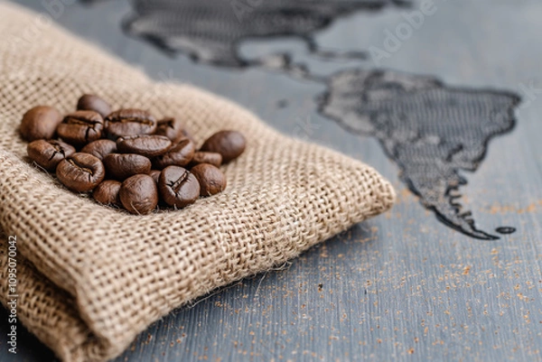 Obraz Coffee beans on a sack with a map of South America