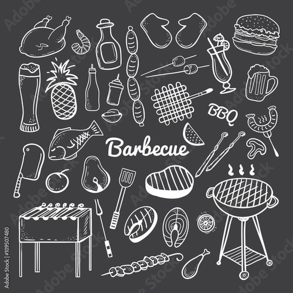 Fototapeta Vector hand drawn doodle of Grill and BBQ. Vector illustration of grill and BBQ stuff. Hand-drawn barbecue doodles on blackboard. Icons for web, mobile and print. Barbecue logos and icons