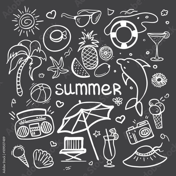 Fototapeta Vector sketchy line art Doodle cartoon set of objects and symbols for summer holidays on blackboard. Vector illustration for web, mobile and print.
