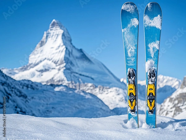 Fototapeta A ski set in the snow freezing mountains in the background with copy space for text clear weather in winter skiing time