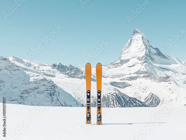 Fototapeta A ski set in the snow freezing mountains in the background with copy space for text clear weather in winter skiing time