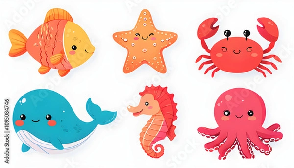 Obraz Cheerful Fish, Happy Starfish, Winking Crab, Cute Whale, Smiling Seahorse, Playful Octopus