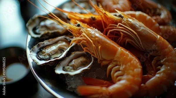 Obraz Fresh Seafood Platter Featuring Succulent Shrimp and Juicy Oysters Arranged on a Stylish Silver Plate with Ice for a Gourmet Dining Experience
