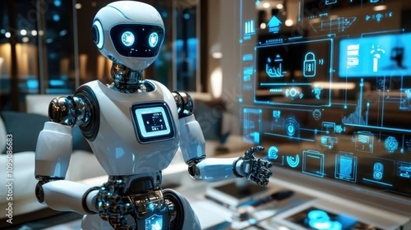 Fototapeta A futuristic AI-powered robotic assistant in a high-tech home, controlling various smart devices. The robot monitors energy consumption, manages security systems.