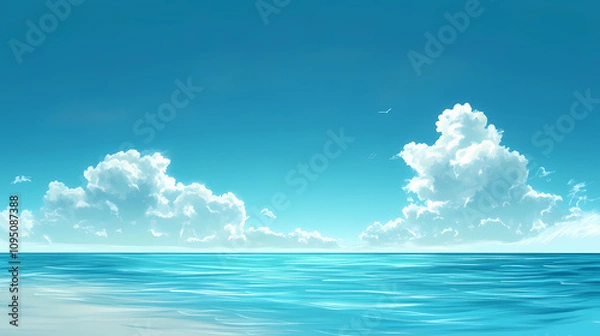 Fototapeta Tranquil turquoise water beach with clear sky and white clouds for summer vacation travel. Cerulean Sky Dreams. Illustration