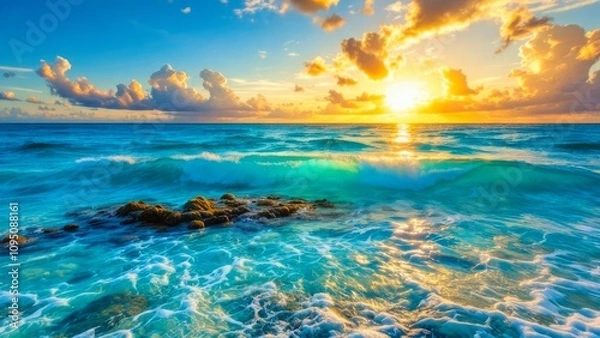 Fototapeta A breathtaking sunset over a tranquil ocean, with vibrant colors illuminating the sky and waves crashing gently against rocky shores.
