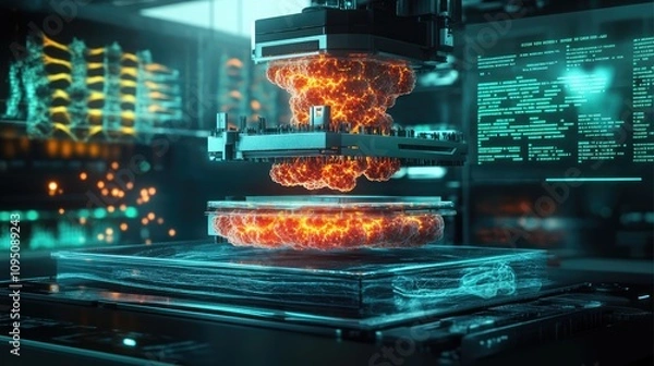 Obraz A futuristic bioprinter creating bioengineered tissues from genetically modified cells. The printer's glowing layers show the complex cellular structures being assembled.