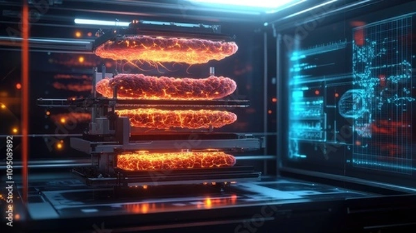 Obraz A futuristic bioprinter creating bioengineered tissues from genetically modified cells. The printer's glowing layers show the complex cellular structures being assembled.