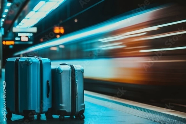 Obraz 駅のホームに置かれたスーツケースと高速で通過する列車 | Suitcases on Train Platform with a Passing High-Speed Train