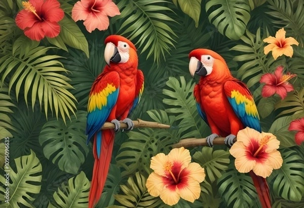 Fototapeta Tropical exotic pattern with animal and flowers in bright colors and lush vegetationn