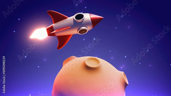 Fototapeta 3d red and silver colored Rocket flying around the moon or asteroid on purple blue space universe