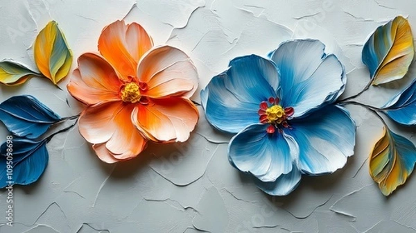 Fototapeta Abstract oil painting of a delicate flower and vibrant leaf with textured brushstrokes on a clean white background, emphasizing organic beauty and calming elegance for greeting card designs.